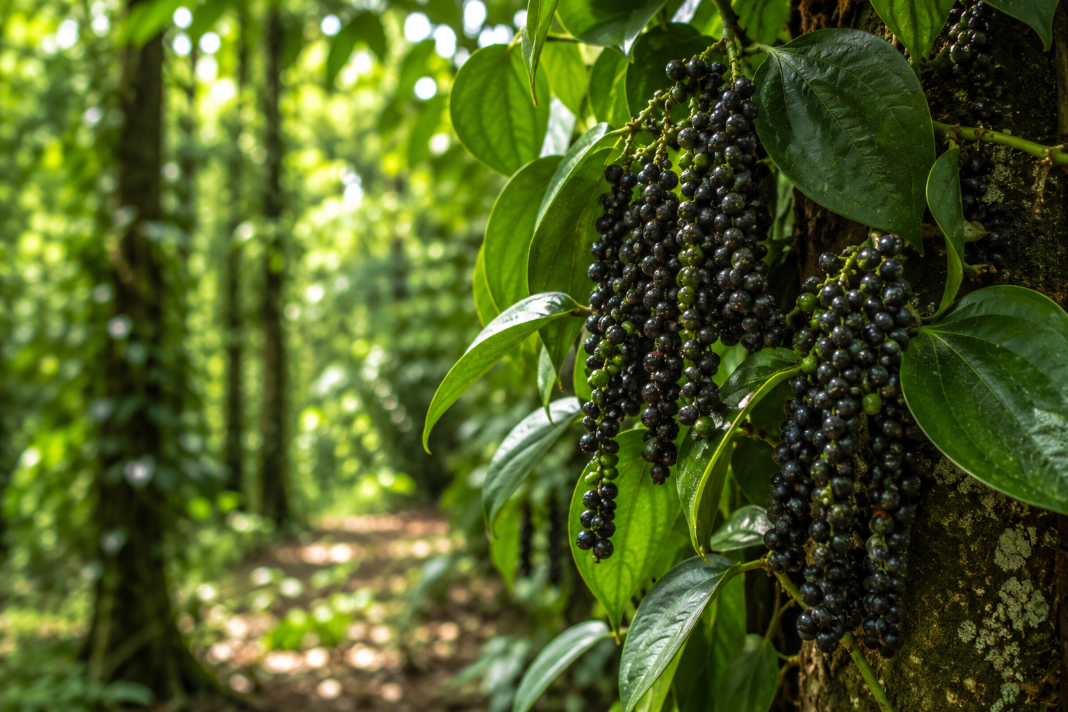 Black pepper vines growing in a shaded spice farm